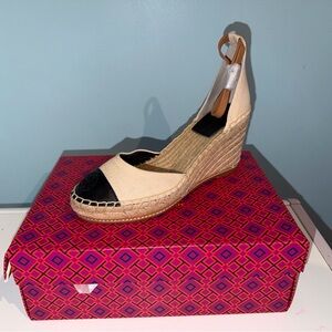 Tory Burch Beige Canvas Wedge Sandal with Black Cap Toe